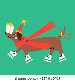 Cute cartoon dachshund puppy with a red hat and white ice skates. Hand drawn vector illustration. Funny Christmas dog character card template.