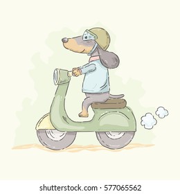 Cute cartoon Dachshund riding motorcycle in watercolor style, vector