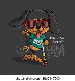 Cute cartoon dachshund riding scooter.  t-shirt design.