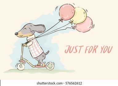 Cute cartoon Dachshund riding scooter and holding balloons in watercolor style, vector