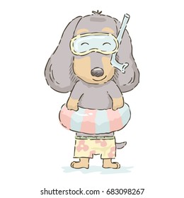 Cute cartoon Dachshund in swimsuit, Vector