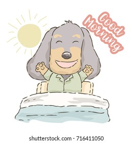 Cute cartoon Dachshund waking up, Vector Illustration