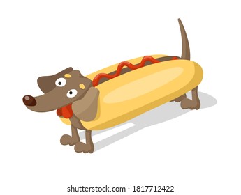 Cute cartoon dachshund wearing a hot dog costume. Vector illustration isolated on white background.