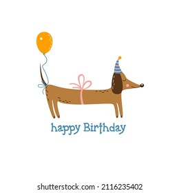 Cute cartoon dachshund wishes happy birthday. Greeting card.