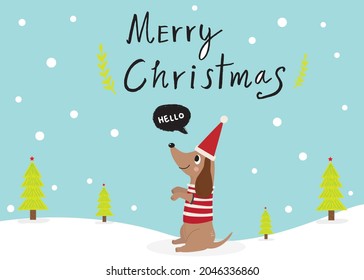 Cute Cartoon dachshunds in christmas day,Cartoon happy dachshund,Flat vector illustration for prints, clothing, packaging and postcards, cute dog, christmas day