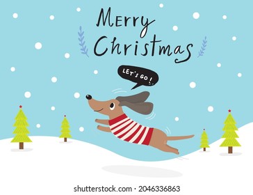 Cute Cartoon dachshunds in christmas day,Cartoon happy dachshund,Flat vector illustration for prints, clothing, packaging and postcards, cute dog, christmas day