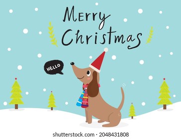 Cute Cartoon dachshunds in christmas day,Cartoon happy dachshund,Flat vector illustration for prints, clothing, packaging and postcards, cute dog, christmas day