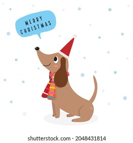 Cute Cartoon dachshunds in christmas day,Cartoon happy dachshund,Flat vector illustration for prints, clothing, packaging and postcards, cute dog, christmas day