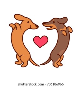 Cute cartoon dachshunds in love, adorable wiener dogs looking at each other in heart shape. St. Valentines day greeting card vector illustration.