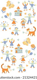 Cute cartoon dad, mom, their little kids, grandfather, grandmother, kittens, butterfly houses, balloons, flowers isolated on white background in vector seamless pattern.