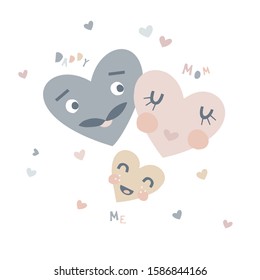 Cute cartoon daddy mothe baby hearts characters. Decorative nursery illustration. Funny hearty paper cut simple poster. Kid-like family drawing. Gender-neutral nursery idea.