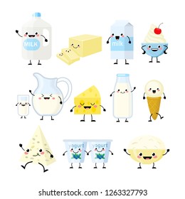 Cute cartoon dairy products characters vector illustration isolated on white background. Kawaii dairy products