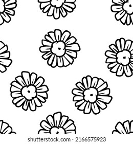Cute cartoon daisy chamomile doodles seamless border pattern. Gentle flower vector repeatable background texture tile. Cozy template of stock illustration for wrapping wallpaper design