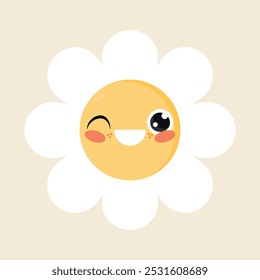 O personagem bonito da flor da margarida do desenho animado em estilo infantil está piscando. Ícone de flor feliz em design plano. Ilustração vetorial