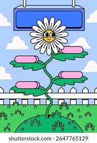 Cute cartoon daisy flower with a smiling face and text box growing on its stem. Set in a cheerful garden under a blue sky. Perfect for health, wellness, or nature-themed content info graphic or poster