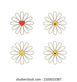 cute cartoon daisy flowers set. funny vector illustration of chamomile flowers with smiley faces and hearts. hippie symbol, peace and love, isolated on white background