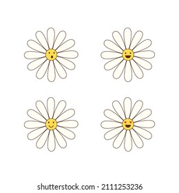 cute cartoon daisy flowers set. funny vector illustration of chamomile flowers with smiley faces and hearts. hippie symbol, peace and love, isolated on white background