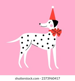 Cute cartoon Dalmatian puppy with a red hat and bow. Hand drawn vector illustration. Funny Christmas dog character card template.