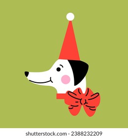 Cute cartoon Dalmatian puppy with a red hat and bow. Hand drawn vector illustration. Funny Christmas dog character card template.
