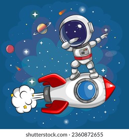 Cute Cartoon dancing astronaut on the rocket on a space background