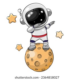 Cute Cartoon dancing astronaut on the moon isolated on a white background