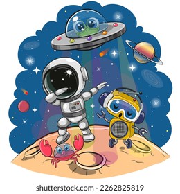 Cute Cartoon dancing astronaut  and robot on the moon on a space background