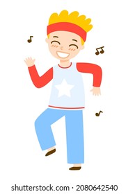 Un niño pequeño bailando de dibujos animados aislado de fondo blanco