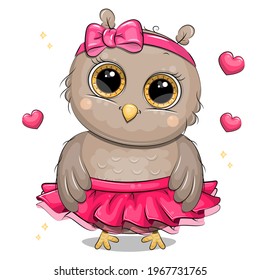 Cute cartoon dancing owl in a pink skirt. Vector illustration of an animal isolated on white.