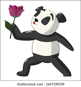 Cute Cartoon Dancing Panda with flower, Vector Illustration, Isolated