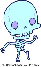 cute cartoon dancing skeleton in bright neon colors