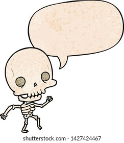 cute cartoon dancing skeleton with speech bubble in retro texture style