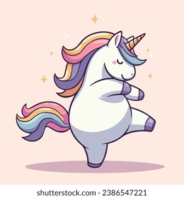 Cute cartoon dancing Unicorn with rainbow colors. For print, decor, party, wallpaper, design, linen, dishes, cards, stickers, t-shirt, kids apparel. Vector illustrations with stars