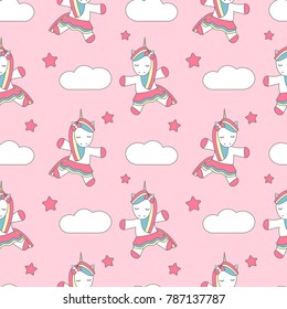 cute cartoon dancing unicorn seamless vector pattern background illustration