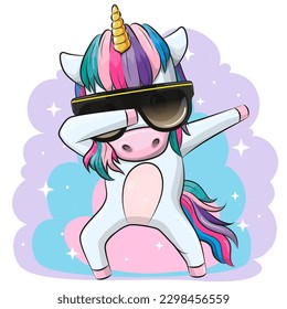 Cute cartoon dancing Unicorn in sunglasses on a purple background