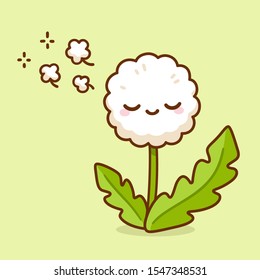 Cute cartoon dandelion blowball blowing in the wind. Kawaii dandelion flower doodle, hand drawn vector illustration.