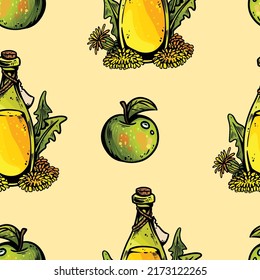 Cute cartoon dandelion wine bottles and apples doodles seamless border pattern. Summertime vector repeatable background texture tile. Cozy template of stock illustration for wrapping design, wallpaper