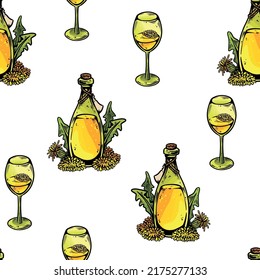 Cute cartoon dandelion wine bottles doodles seamless border pattern. Vector repeatable background texture tile. Cozy template of stock image for wrapping design, wallpaper