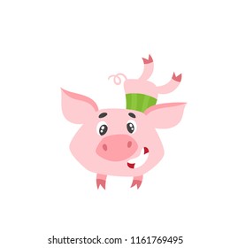 Cute cartoon dansing boy pig isolated on white. Vector illustration of cartoon animal character used for poster, book, card.