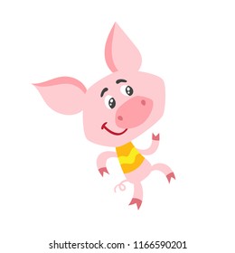 Cute cartoon dansing boy pig isolated on white. Vector illustration of cartoon animal character used for poster, book, card.