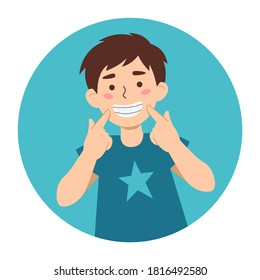 Cute cartoon dark hair kid boy pointing to his teeth braces. Motivational poster or advert banner for children dental clinic. Hand-drawn flat vector illustration for tooth care design.