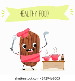 Cute cartoon date, fruit character with cooking at the stove with a ladle in his hand, with pans, chef. Flat vector illustration, funny fruits. Organic food.