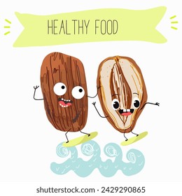 Cute  cartoon dates, date fruit characters with different activities. Flat vector illustration, funny fruits. Organic food.