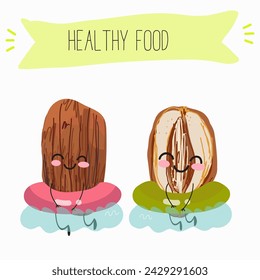 Cute  cartoon dates, date fruit characters with different activities. Flat vector illustration, funny fruits. Organic food.