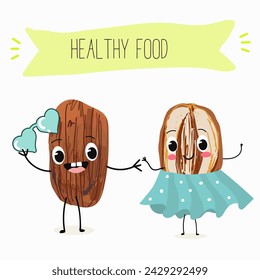 Cute  cartoon dates, date fruit characters with different activities. Flat vector illustration, funny fruits. Organic food.