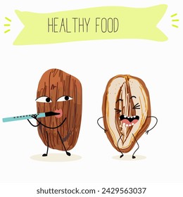 Cute  cartoon dates, date fruit characters with different activities. Flat vector illustration, funny fruits. Organic food.