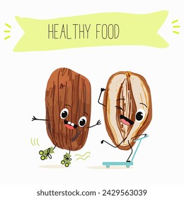 Cute  cartoon dates, date fruit characters with different activities. Flat vector illustration, funny fruits. Organic food.