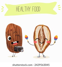 Cute  cartoon dates, date fruit characters with different activities. Flat vector illustration, funny fruits. Organic food.