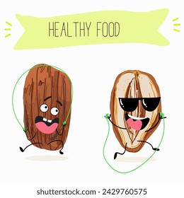 Cute  cartoon dates, date fruit characters with different activities. Flat vector illustration, funny fruits. Organic food.