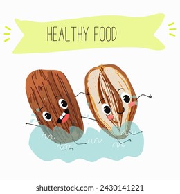 Cute  cartoon dates, date fruit characters with different activities. Flat vector illustration, funny fruits. Organic food.