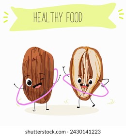 Cute  cartoon dates, date fruit characters with different activities. Flat vector illustration, funny fruits. Organic food.